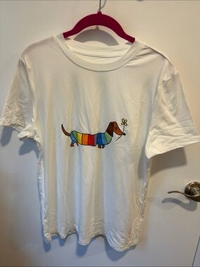 White Short-Sleeve Tee with Rainbow Dachshund Graphic New Never Worn